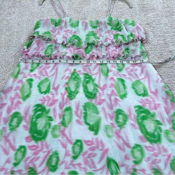 NWT Ganni Pleated Georgette Mini Dress Green Pink Floral Size 34/2 Wedding Guest - Picture 9 of 13